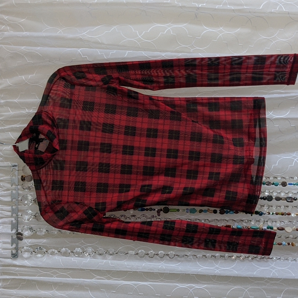 Sheer Maje Red Buffalo Check Turtleneck
